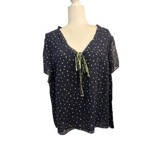 Cynthia Howie Silk Blouse Flutter Sleeve Navy Blue Polkadots Top Women 18w